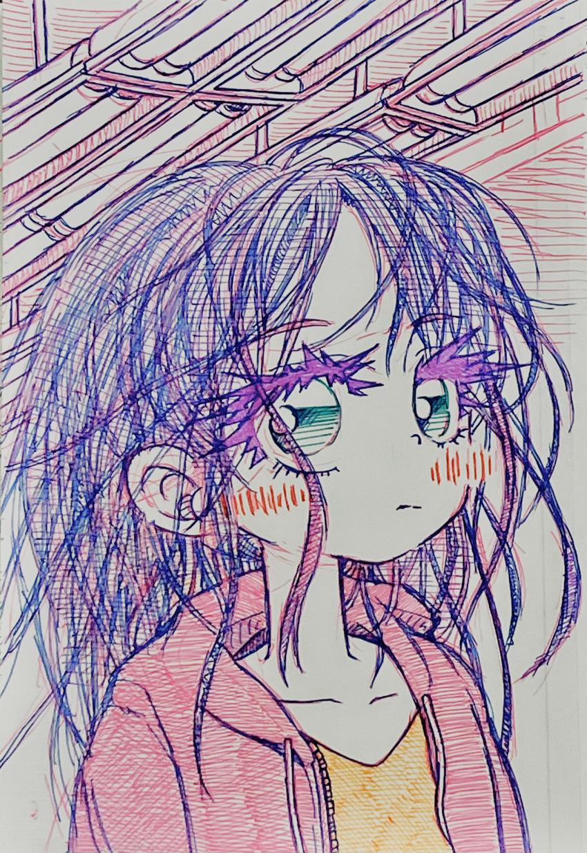 1girl absurdres aqua_eyes ballpoint_pen_(medium) blue_hair blush closed_mouth collarbone drawstring eyelashes fluorescent_lamp hatching_(texture) highres indoors jacket kani_tenshinhan long_hair looking_at_viewer open_clothes open_jacket original pen_(medium) red_jacket shirt solo traditional_media upper_body yellow_shirt zipper