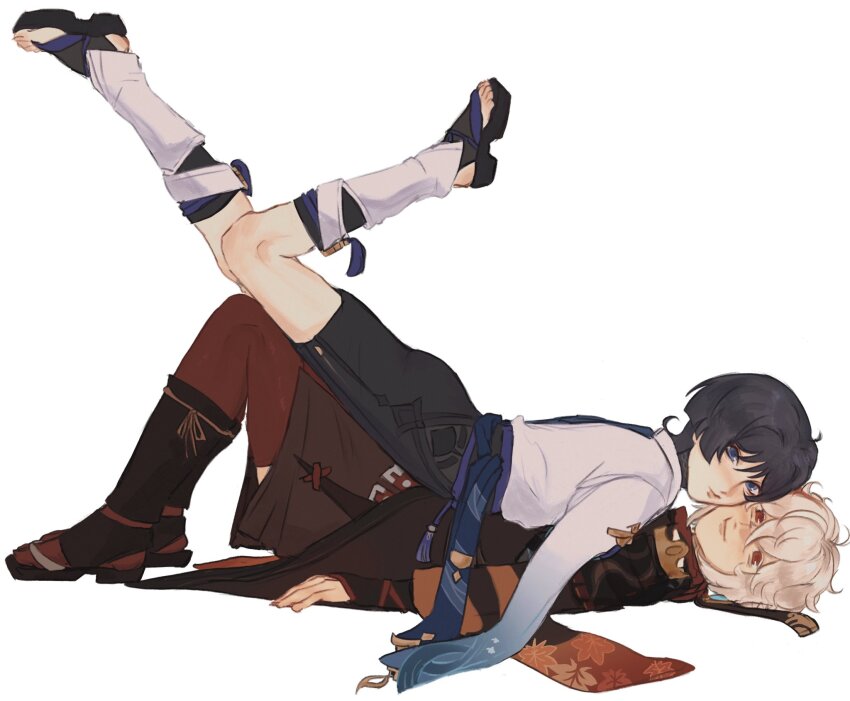 2boys ashcide bishounen blue_eyes boots cheek-to-cheek chin_rest commentary couple draw_your_fav_ship_like_this_(meme) english_commentary full_body genshin_impact head_on_head head_rest heads_together highres japanese_clothes kaedehara_kazuha knees_up leg_up long_sleeves looking_at_viewer lying_on_person male_focus meme multiple_boys on_person scaramouche_(genshin_impact) shoes short_hair shorts simple_background smile white_background white_hair yaoi