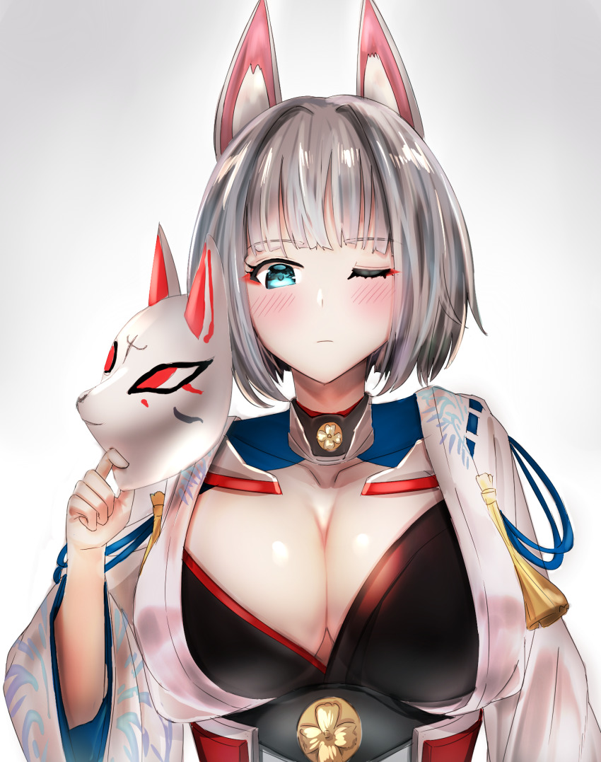 1girl animal_ears azur_lane bad_id bad_pixiv_id blue_eyes blush breasts cleavage collarbone highres japanese_clothes kaga_(azur_lane) kimono large_breasts looking_at_viewer lumda mask nib_pen_(medium) one_eye_closed pen_(medium) short_hair silver_hair solo traditional_media unworn_mask white_background