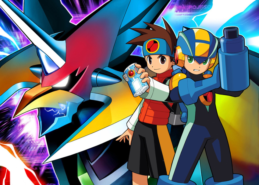 00s 2boys brown_eyes capcom falzar_(mega_man_battle_network) glowing glowing_eyes green_eyes helmet lan_hikari_(mega_man) male_focus mega_man_(series) mega_man_battle_network mega_man_battle_network_(series) mega_man_battle_network_6 megaman.exe multiple_boys official_art robot