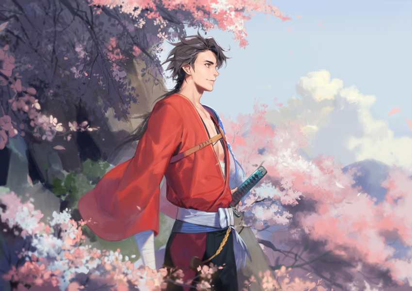 10s 1boy brown_eyes brown_hair cherry_blossoms day japanese_clothes katana male_focus mutsu-no-kami_yoshiyuki naked_cat personification profile sky smile solo sword touken_ranbu weapon yellow_eyes