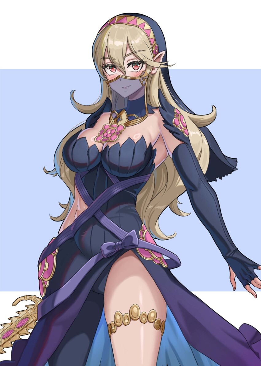 1girl absurdres azura_(fire_emblem) azura_(fire_emblem)_(cosplay) azura_(lady_of_ballads)_(fire_emblem) black_dress breasts cleavage commentary commission corrin_(female)_(fire_emblem) corrin_(fire_emblem) cosplay dress emmettart english_commentary fire_emblem fire_emblem_fates grey_hair hair_between_eyes highres holding holding_sword holding_weapon large_breasts leglet long_hair mixed-language_commentary mouth_veil nintendo pointy_ears red_eyes see-through_clothes see-through_veil solo sword thighs veil weapon yato_(fire_emblem)