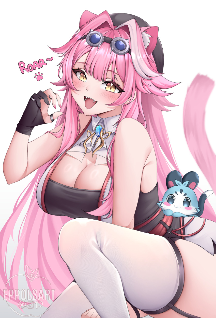 1girl absurdres animal_ears artist_glove ascot beret black_gloves black_hat blush breasts chattino_(raora_panthera) cleavage collar eppols_art fangs gloves grey_hair hat highres hololive hololive_english large_breasts long_hair multicolored_hair open_mouth panther_ears panther_girl panther_tail pink_hair raora_panthera smile solo streaked_hair tail thighhighs vest virtual_youtuber white_ascot white_background white_collar white_thighhighs white_vest yellow_eyes