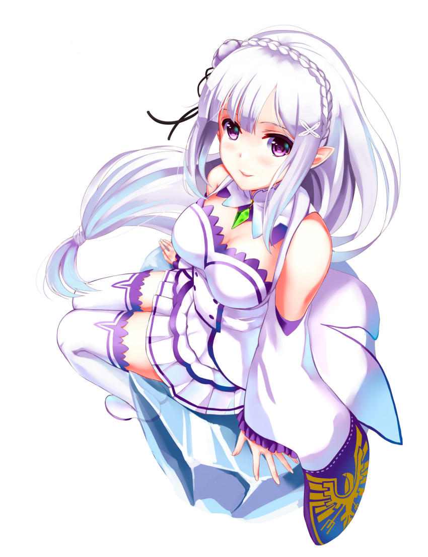 10s 1girl animal_print arm_support arms_at_sides bird_print black_ribbon blush boots braid breasts cleavage closed_mouth crystal elf emilia_(re:zero) female_focus flower frilled_sleeves frills from_above full_body hair_flower hair_ornament hair_ribbon highres jewelry long_hair looking_at_viewer low-tied_long_hair mizuki_(mizuki_ame) nail_polish pleated_skirt pointy_ears purple_eyes re:zero_kara_hajimeru_isekai_seikatsu ribbon rock sidelocks simple_background sitting skirt smile solo spread_fingers stitches thigh_boots thighhighs white_background white_footwear white_hair white_nails white_skirt white_thighhighs wide_sleeves