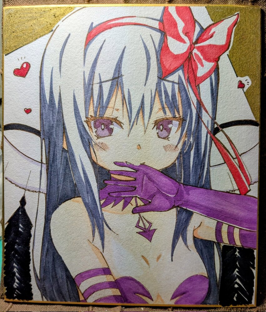 akemi_homura akuma_homura bare_shoulders biting_own_finger black_feathers blue_hair blush bow breasts choker cleavage_cutout clothing_cutout dot_nose dress elbow_gloves fang feathers gloves hairband heart highres long_hair looking_at_viewer mahou_shoujo_madoka_magica mahou_shoujo_madoka_magica:_hangyaku_no_monogatari matsubara_ryuu portrait purple_choker purple_dress purple_eyes purple_gloves red_bow red_hairband shikishi skin_tight small_breasts solo