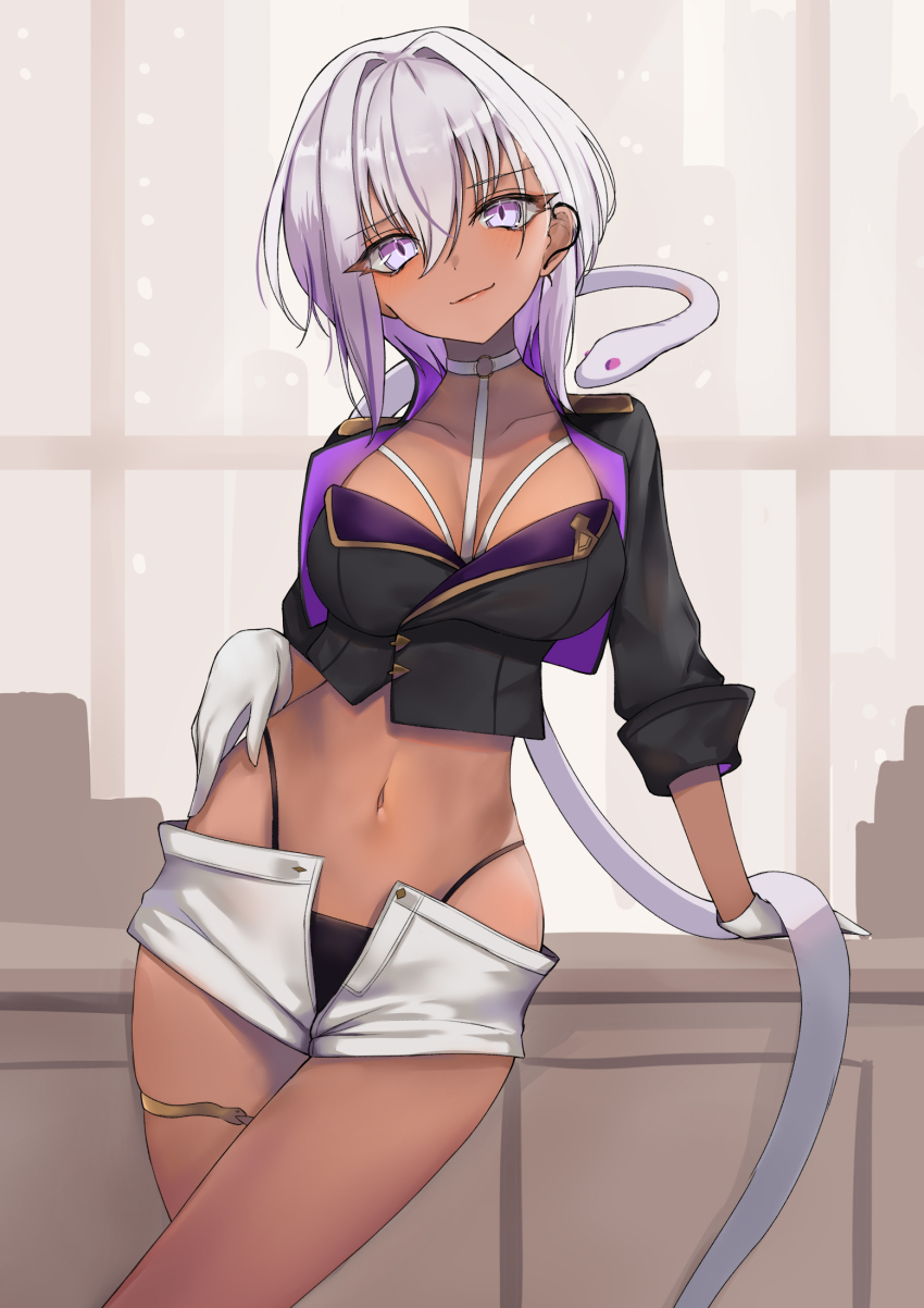 1girl black_jacket black_panties breasts closed_mouth collarbone cropped_jacket dark-skinned_female dark_skin gold_thighlet gradient_hair grey_hair hair_between_eyes hand_on_own_hip highleg highleg_panties highres jacket multicolored_hair navel open_fly panties purple_eyes purple_hair r_project rifufu shorts snake underwear virtual_youtuber white_shorts yatono_levi