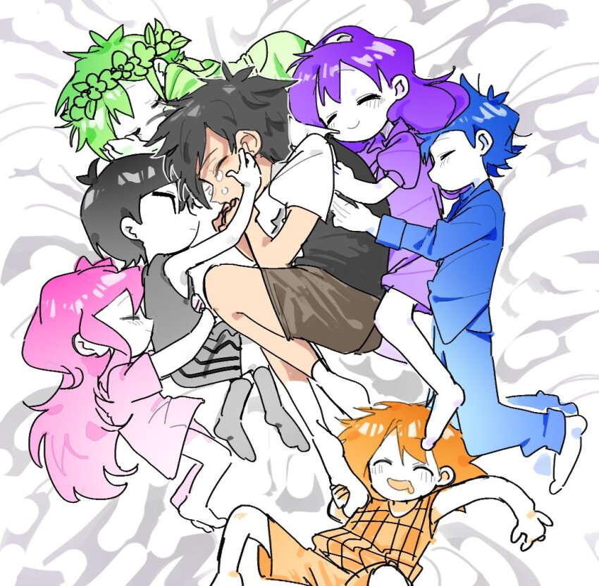 2girls 5boys aged_down alternate_color alternate_hair_color aubrey_(headspace)_(omori) aubrey_(omori) barefoot basil_(headspace)_(omori) basil_(omori) black_eyes black_hair black_sweater_vest black_tank_top blue_hair blush bow brown_shorts closed_eyes closed_mouth collared_shirt colored_skin crying drooling green_hair green_overalls grey_socks group_hug hair_bow head_wreath hero_(headspace)_(omori) hero_(omori) hug kel_(headspace)_(omori) kel_(omori) kneehighs long_hair looking_at_another lying mari_(headspace)_(omori) mari_(omori) mettyadarumi mouth_drool multiple_boys multiple_girls omori omori_(omori) on_side open_mouth orange_hair orange_shorts orange_tank_top overall_shorts overalls pink_bow pink_hair purple_hair shirt short_hair short_sleeves shorts smile socks striped_clothes striped_shorts sunny_(omori) sweater_vest tank_top vertical-striped_clothes vertical-striped_shorts white_shirt white_skin white_socks