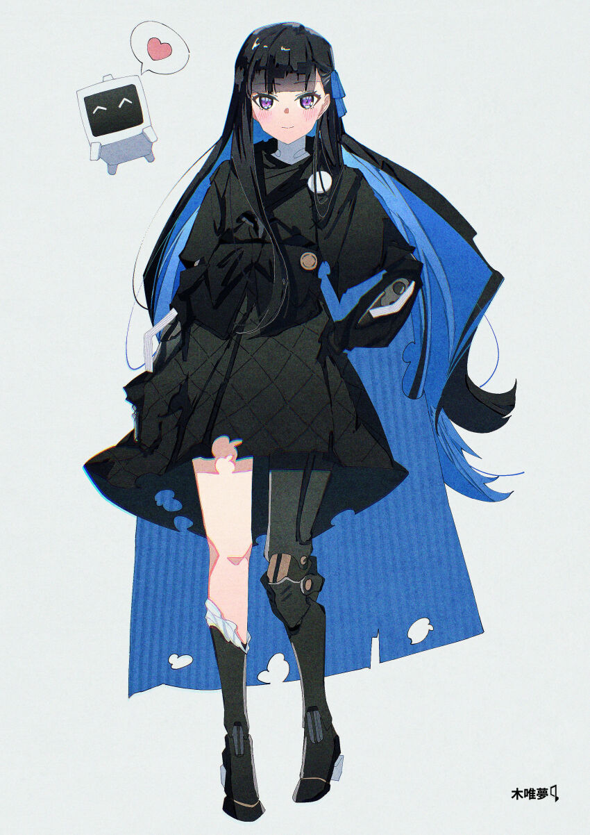 1girl 1other ^_^ absurdres arm_cutout asymmetrical_bangs black_dress black_hair black_jacket blue_cape blue_hair blue_ribbon cape closed_eyes colored_inner_hair dress full_body hair_ribbon heart highres jacket long_sidelocks long_sleeves looking_at_viewer mechanical_arms mechanical_legs multicolored_hair non-humanoid_robot punishing:_gray_raven purple_eyes puyuyan ribbon robot selena:_tempest_(pgr) selena_(pgr) sidelocks single_mechanical_leg single_sidelock spoken_heart standing tachi-e