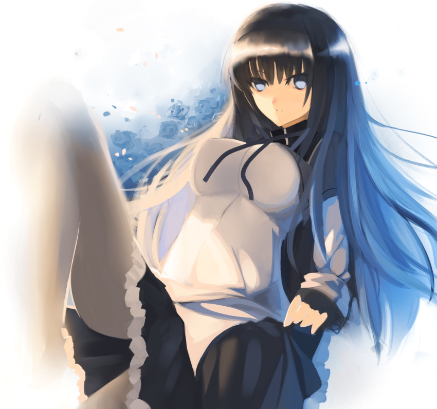 10s 1girl akemi_homura akemi_homura_(magical_girl) bad_id bad_pixiv_id black_hair breasts casvan female_focus frills gradient_background hairband highres long_hair magical_girl mahou_shoujo_madoka_magica mahou_shoujo_madoka_magica_(anime) medium_breasts pantyhose pleated_skirt skirt solo white_background