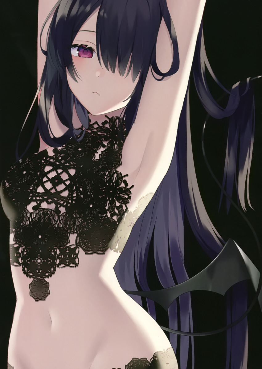 1girl absurdres achiki armpits arms_up bare_arms bare_shoulders bat_wings black_background black_bra black_panties bra breasts closed_mouth cowboy_shot expressionless groin hair_over_one_eye head_tilt highres lace lingerie long_hair looking_at_viewer navel original panties red_eyes scan simple_background small_breasts solo stomach tail underwear very_long_hair wings