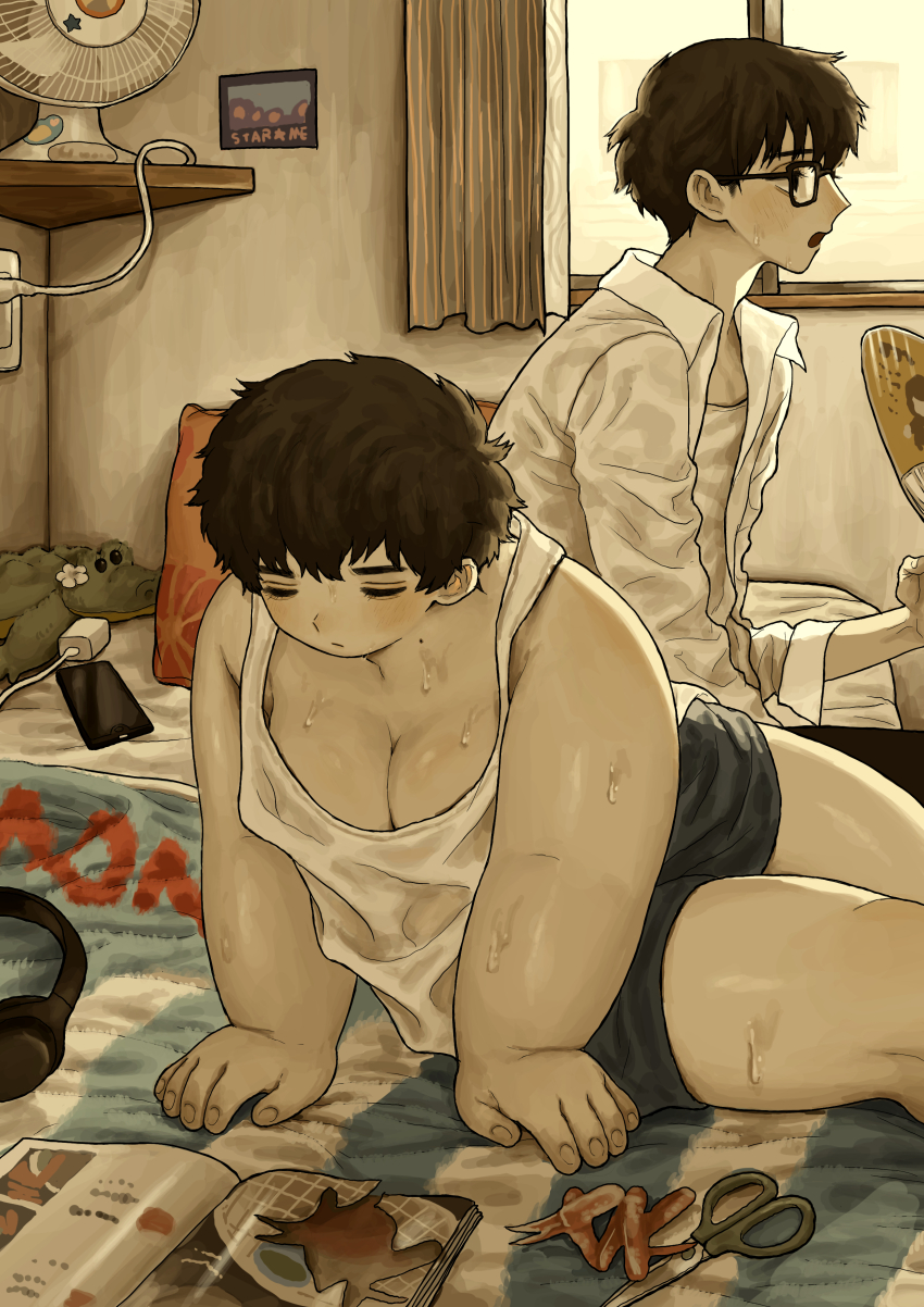 2boys a3dyqtlpqjcuqvs absurdres brown_hair commentary_request electric_fan fat fat_man full_body glasses hand_fan highres hot indoors magazine_(object) male_focus multiple_boys original shirt short_hair shorts sitting sweat tank_top