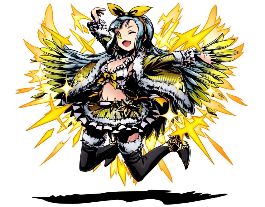 1girl ;d black_footwear blonde_hair boots breasts cleavage crop_top divine_gate earrings female_focus full_body grey_skirt hair_ribbon hairband highres jewelry long_hair medium_breasts midriff miniskirt multicolored_hair navel one_eye_closed open_mouth outstretched_arms pleated_skirt ribbon silver_hair simple_background skirt smile solo star_(symbol) star_earrings stomach thigh_boots thighhighs two-tone_hair ucmm very_long_hair white_background yellow_eyes yellow_hairband yellow_ribbon