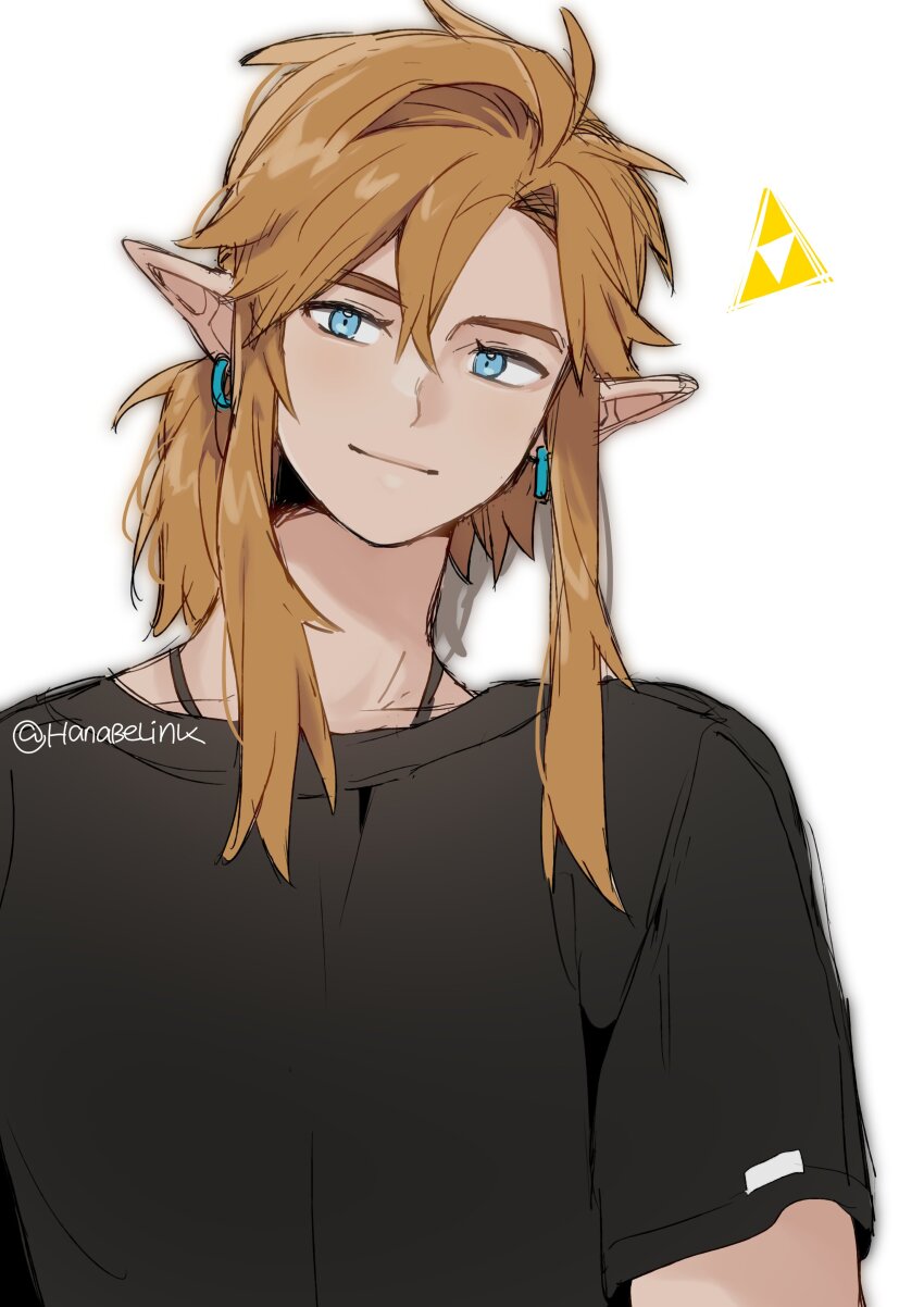 1boy absurdres black_shirt blonde_hair blue_eyes closed_mouth earrings hair_between_eyes hanaberin highres jewelry link long_hair looking_at_viewer low_ponytail male_focus nintendo pointy_ears shirt sidelocks smile solo t-shirt the_legend_of_zelda the_legend_of_zelda:_breath_of_the_wild the_legend_of_zelda:_tears_of_the_kingdom triforce twitter_username upper_body white_background