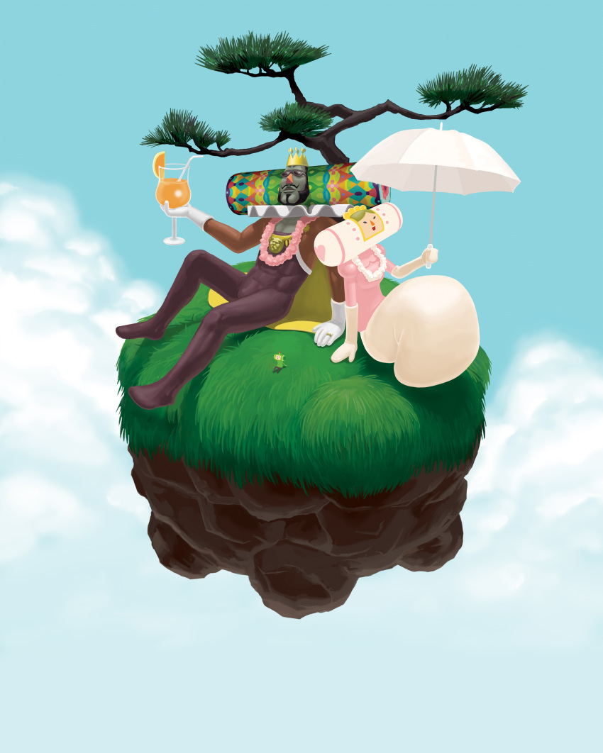 1girl absurdres couple family floating_island hetero highres katamari_damacy king_of_all_cosmos official_art planet queen_of_all_cosmos the_prince tree umbrella