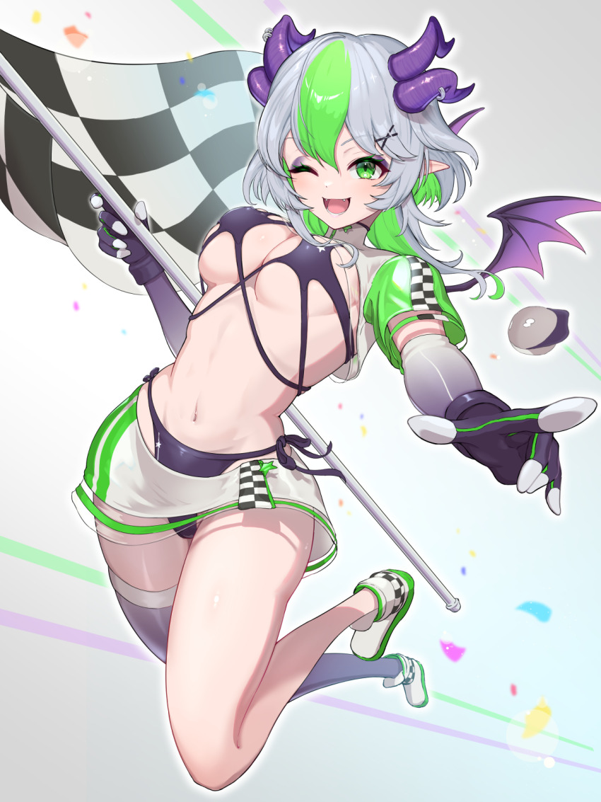 1girl apricot_the_lich apricot_the_lich_(race_queen) bikini black_gloves breasts cleavage demon_girl demon_horns demon_wings elbow_gloves fingerless_gloves flag gloves green_eyes green_hair hair_ornament hareteruya highres holding holding_flag horn_piercing horns looking_at_viewer medium_breasts medium_hair multicolored_hair multiple_horns navel pointy_ears purple_bikini purple_thighhighs race_flag race_queen see-through_clothes see-through_skirt single_thighhigh skirt smile solo streaked_hair swimsuit thighhighs virtual_youtuber vshojo white_footwear white_skirt wings x_hair_ornament