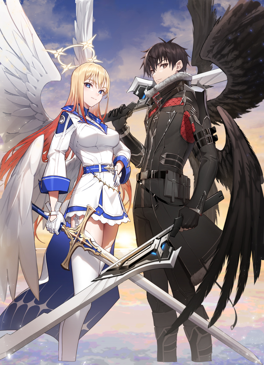 1boy 1girl belt black_gloves black_hair black_wings blonde_hair blue_eyes boushoku_no_berserk breasts cloud coat detexted dual_wielding famepeera fate_graphite feathered_wings fingerless_gloves fur_collar gloves halo highres holding long_hair long_sleeves looking_at_viewer medium_breasts official_art outdoors popped_collar roxy_hart short_hair skirt smile sword thighhighs third-party_edit third-party_source v-shaped_eyebrows weapon white_wings wide_sleeves wings yellow_halo