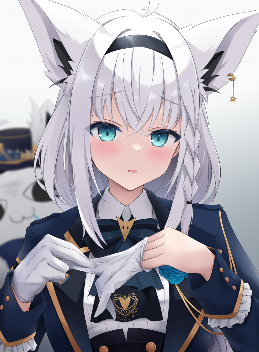 1girl absurdres ahoge animal_ear_fluff animal_ears aqua_eyes ascot black_ascot blue_bow blue_bowtie blue_jacket blush bow bowtie braid collared_shirt commentary_request fox_ears fox_girl gloves hands_up highres hololive jacket long_hair long_sleeves looking_at_viewer miteiru_(shirakami_fubuki) official_alternate_costume parted_lips removing_glove shirakami_fubuki shirakami_fubuki_(aristocrat_kei) shirt side_braid sidelocks sleeve_cuffs solo tf_(tfx2) upper_body virtual_youtuber white_background white_gloves white_hair white_shirt