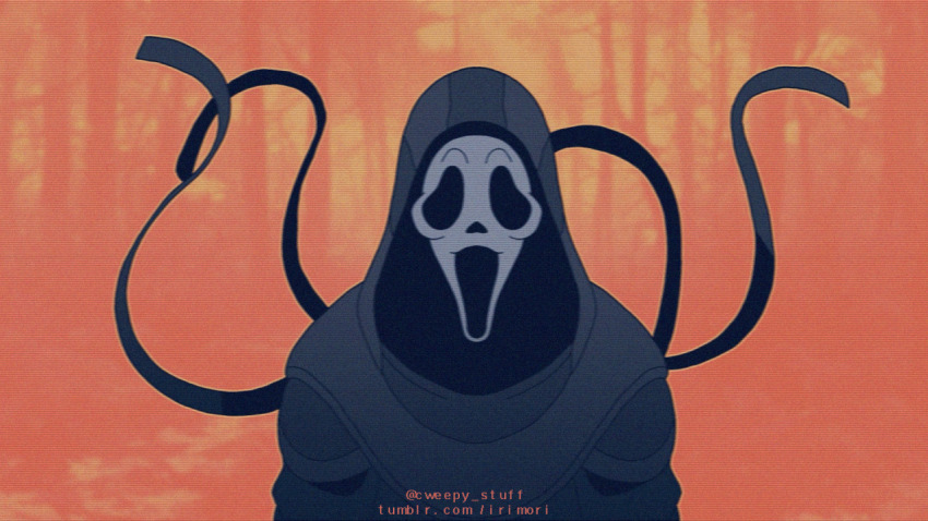 1boy animated animated_gif artist_name black_gloves black_hood black_robe clenched_hand cweepy_stuff dead_by_daylight facing_viewer film_grain ghost_mask ghostface gloves hood hood_up hooded_robe laughing looping_animation male_focus mask orange_background robe scream_(movie) solo tumblr_username twitter_username upper_body watermark web_address