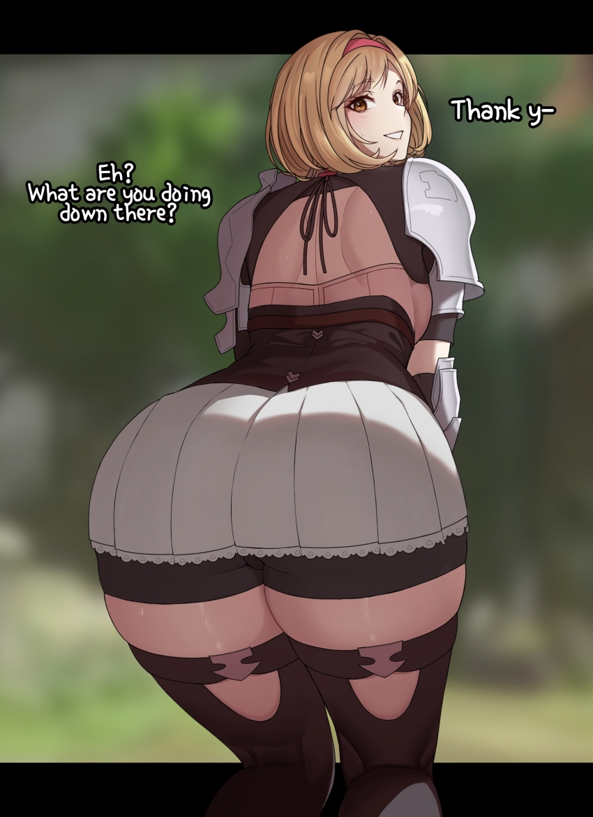 1girl armor bike_shorts black_shorts blonde_hair blurry blurry_background brown_corset brown_eyes brown_thighhighs corset day djeeta_(granblue_fantasy) gauntlets granblue_fantasy hair_intakes hairband highres leaning_forward looking_at_viewer medium_hair outdoors pink_shirt red_hairband shirt shorts shoulder_armor shoulder_blades sinnitoksi skirt smile solo standing thighhighs variant_set white_skirt