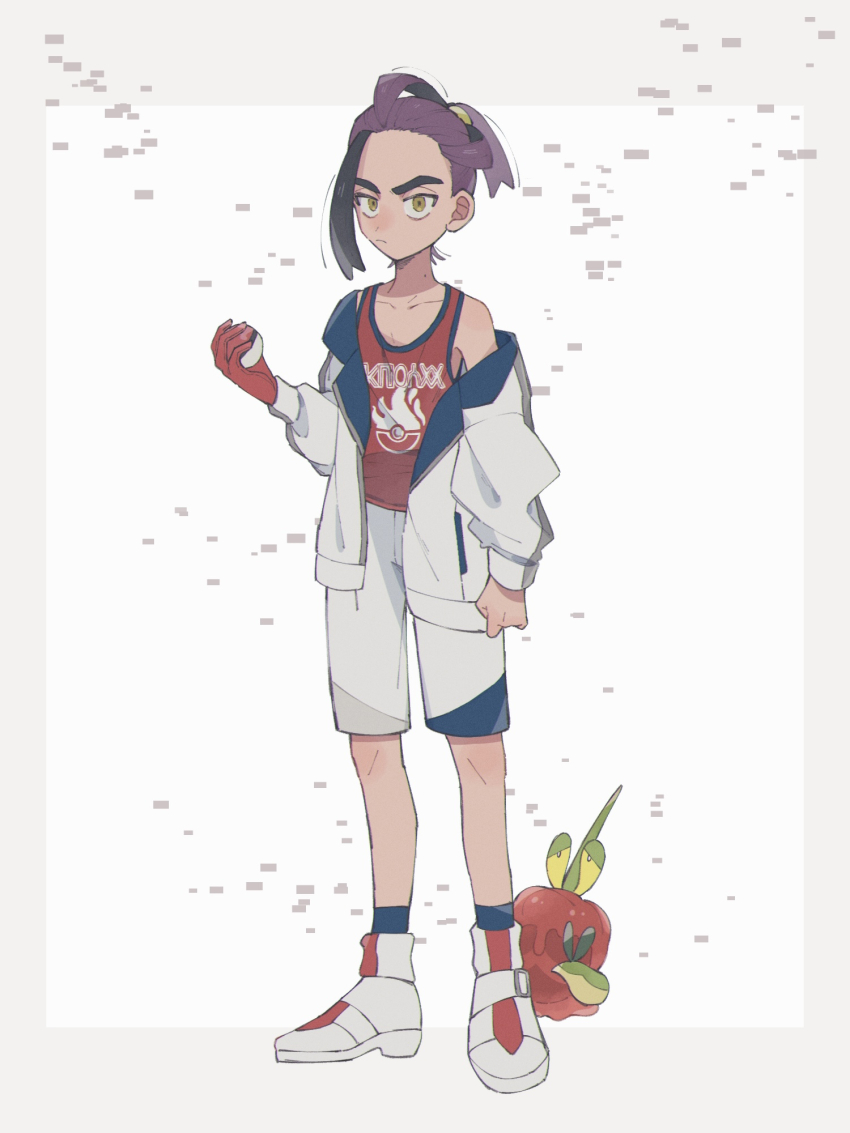 1boy black_hair closed_mouth commentary_request creatures_(company) dipplin game_freak gloves hand_up highres hime_(himetya105) holding holding_poke_ball jacket kieran_(pokemon) knees long_sleeves male_focus multicolored_hair nintendo poke_ball poke_ball_(basic) pokemon pokemon_(creature) pokemon_sv purple_hair red_gloves red_shirt shirt shoes shorts single_glove single_off_shoulder sleeveless sleeveless_shirt socks standing tank_top two-tone_hair white_background white_footwear white_jacket white_shorts yellow_eyes