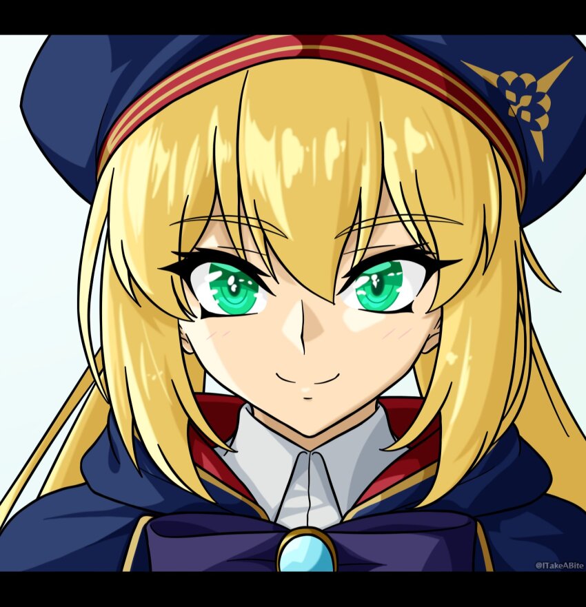 1girl artoria_caster_(fate) artoria_caster_(second_ascension)_(fate) artoria_pendragon_(fate) blonde_hair close-up fate/grand_order fate_(series) green_eyes highres itakeabite looking_at_viewer smile solo watermark