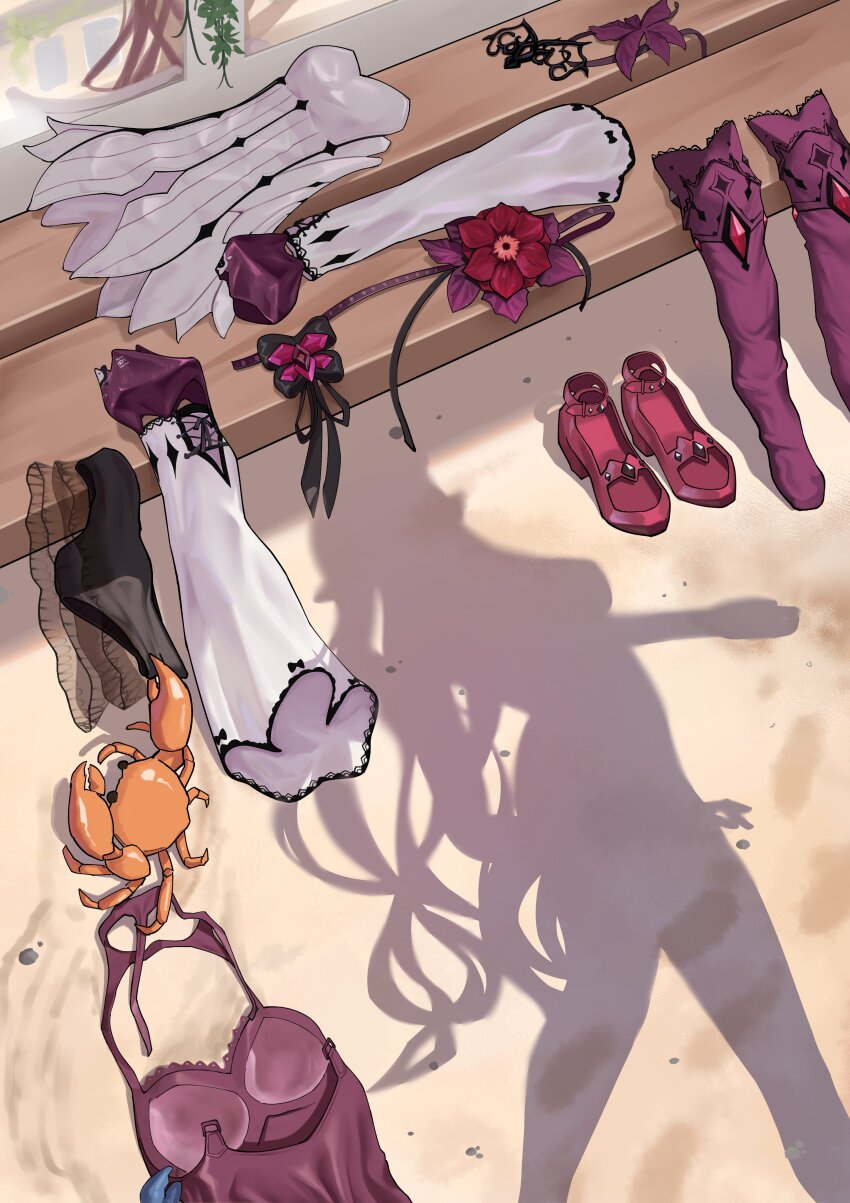 1girl absurdres crab dress dressed_shadow_(meme) flower high_heels highres hololive hololive_english implied_nudity irys_(hololive) irys_(irys_2.0)_(hololive) long_hair meme panties red_footwear sand shadow shift_(shiftillust) solo thighhighs underwear unworn_clothes virtual_youtuber walking