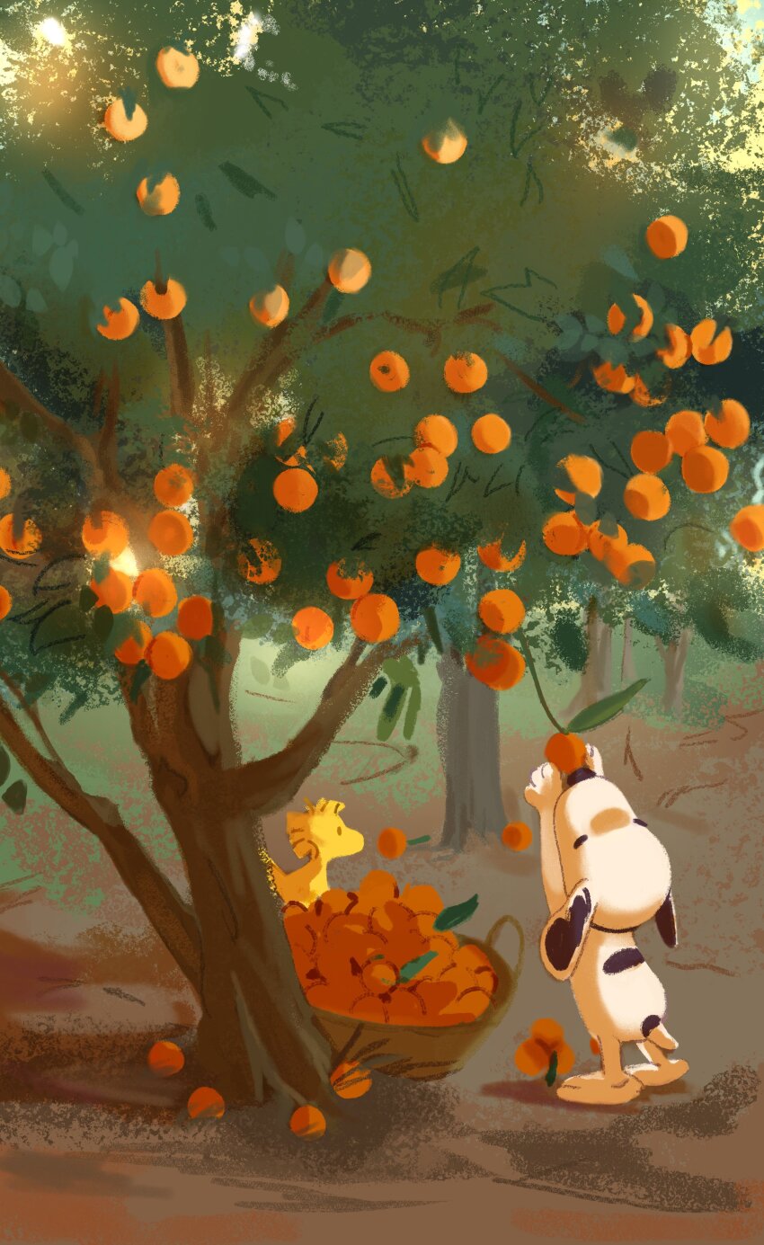 absurdres basket beagle bird day dirt dog emily_pearson food fruit highres no_humans orange_(fruit) outdoors peanuts_(comic) picking_fruit snoopy tree woodstock