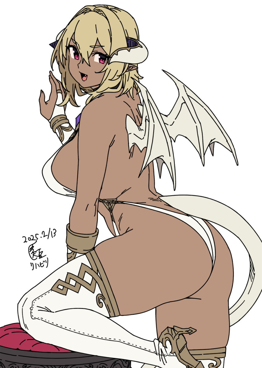 1girl :d ass blonde_hair boots breasts bridal_gauntlets dark-skinned_female dark_skin dated demon_girl demon_horns demon_wings from_behind high_heel_boots high_heels highres horns houtengeki large_breasts laura_(houtengeki) leotard looking_at_viewer looking_back open_mouth original pointy_ears red_eyes short_hair simple_background slingshot_swimsuit smile solo swimsuit tail thigh_boots thighs white_background white_leotard white_tail white_wings wings