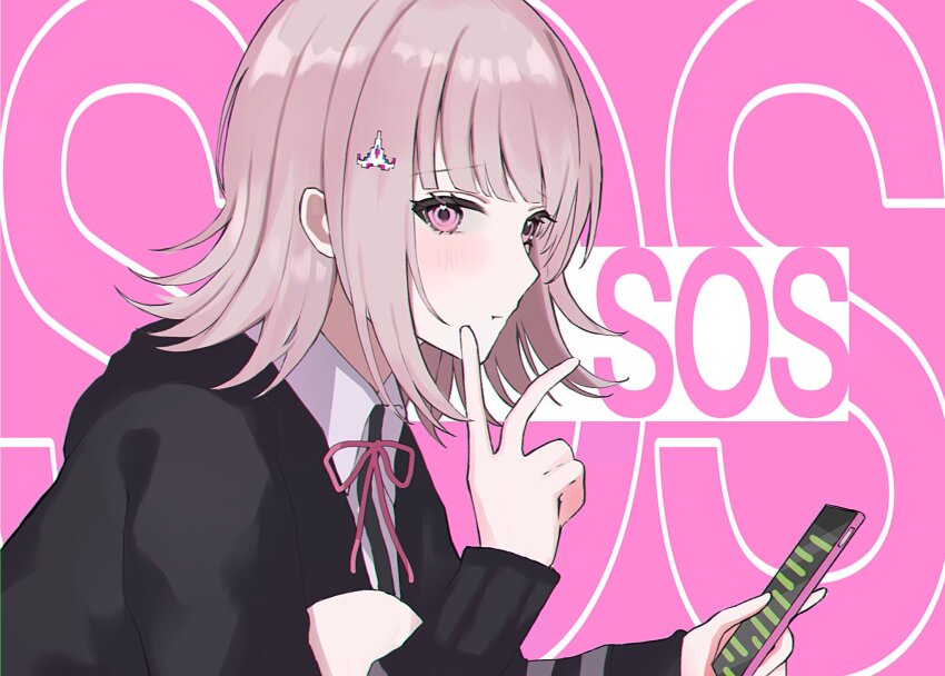 1girl black_jacket cellphone danganronpa_(series) danganronpa_2:_goodbye_despair galaga highres holding holding_phone hood hooded_jacket jacket medium_hair nanami_chiaki phone pink_background pink_eyes pink_hair shima_(fm_90mhz) shirt smartphone solo sos upper_body v white_shirt