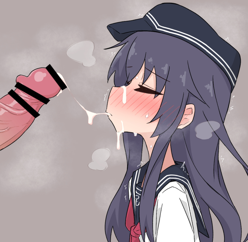 1boy 1girl after_ejaculation akatsuki_(kancolle) ame_(amechan17391739) blue_hair blush closed_eyes cum cum_on_body facial grey_background hat hetero kantai_collection long_hair penis school_uniform serafuku sidelocks simple_background steam steaming_body sweat white_serafuku