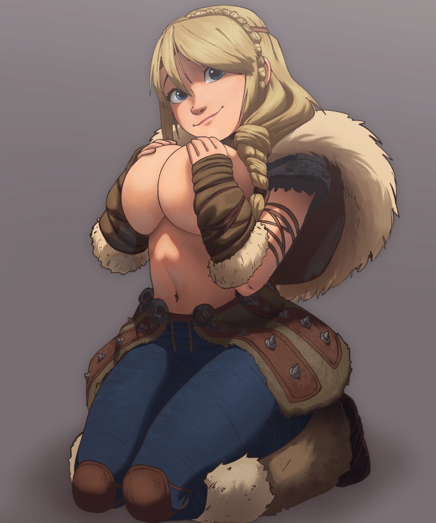 1girl absurdres astrid_hofferson blonde_hair blue_eyes blue_pants boots breasts covering_breasts covering_privates fur_boots grey_background happy highres how_to_train_your_dragon_(series) inker_comics knee_pads kneeling large_breasts long_hair looking_at_viewer navel pants solo