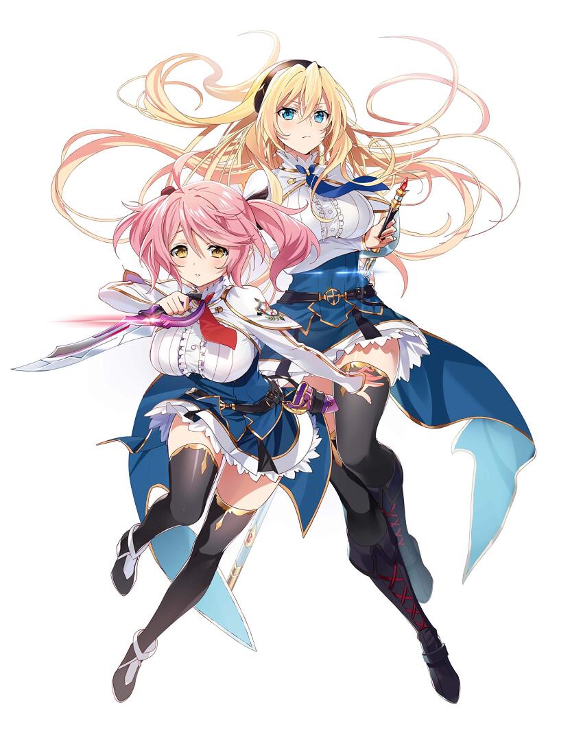 2girls absurdres ahoge black_footwear black_hairband black_thighhighs blonde_hair blue_eyes blue_necktie blue_skirt boots breasts brown_eyes celistia_ralgris hairband highres holding holding_sword holding_weapon knee_boots large_breasts long_hair looking_at_viewer miniskirt multiple_girls murakami_yuichi necktie philuffy_aingram pink_hair red_necktie royal_officer_academy_school_uniform saijaku_muhai_no_bahamut school_uniform shirt short_hair short_twintails simple_background skirt sword thighhighs third-party_source twintails weapon white_background white_shirt