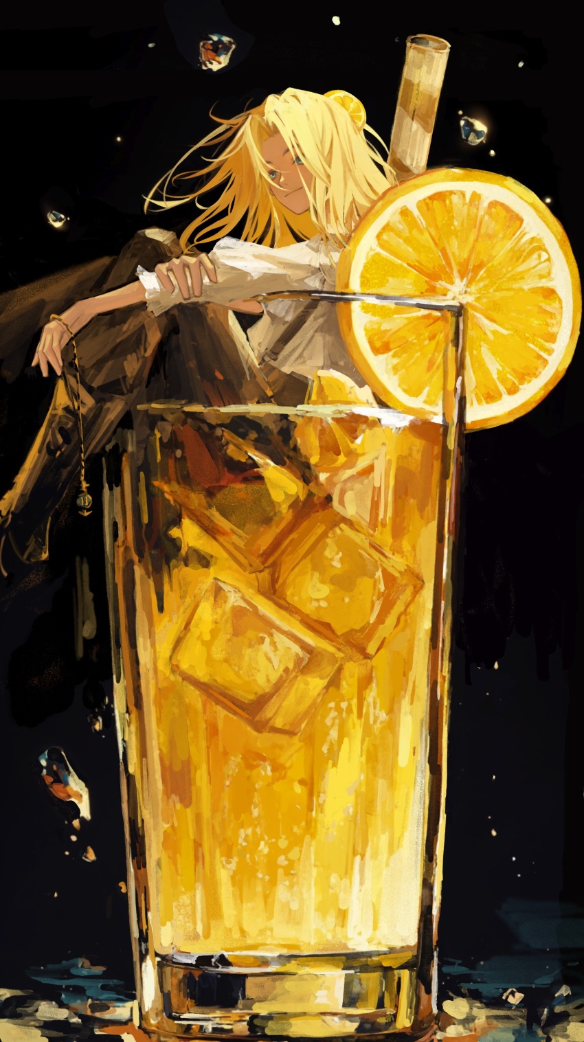 1boy absurdres bishounen black_background blonde_hair blue_eyes brown_pants chengya_huanwo closed_mouth cup drinking_glass drinking_straw food fruit highres holding holding_jewelry holding_necklace ice ice_cube jewelry lemon lies_of_p long_hair looking_at_viewer necklace pants romeo_(lies_of_p) shirt sitting white_shirt