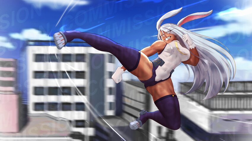 1girl absurdres animal_ears bare_shoulders boku_no_hero_academia breasts building cityscape clenched_hands commentary commission covered_abs covered_navel crescent_print dark-skinned_female dark_skin english_commentary flying_kick fur_collar gloves grin highleg highleg_leotard highres kicking large_breasts leotard long_eyelashes long_hair midair mirko motion_blur motion_lines parted_bangs purple_thighhighs rabbit_ears rabbit_girl red_eyes shibbunny sleeveless_turtleneck_leotard smile solo taut_leotard teeth thick_thighs thighhighs thighs toned_female very_long_hair watermark white_gloves white_hair white_leotard