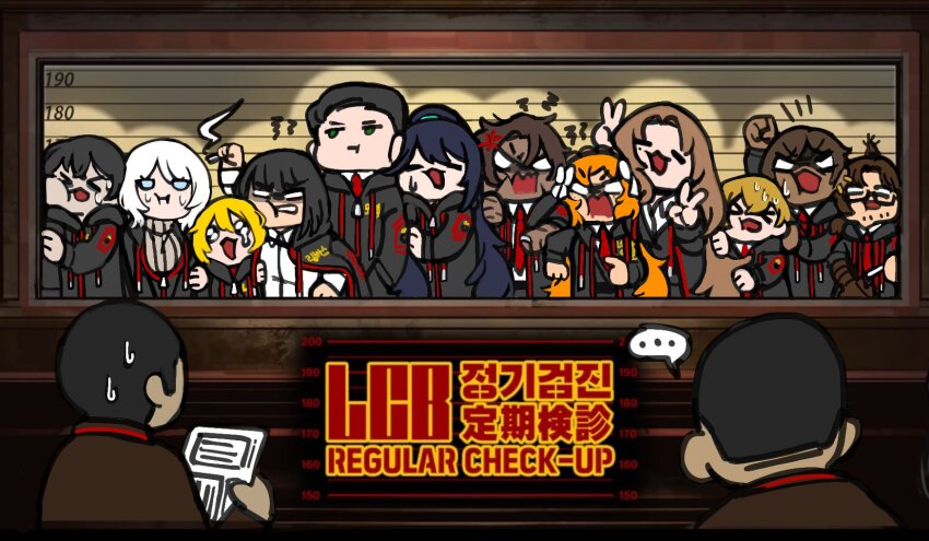 &gt;_&lt; ... 6+boys 6+girls :i :o =_= anger_vein angry black_hair black_jacket blonde_hair blue_eyes brown_hair chibi chibi_only cigarette collared_shirt commentary crying crying_with_eyes_open dark-skinned_female dark-skinned_male dark_skin don_quixote_(project_moon) double_v english_commentary everyone faust_(project_moon) glasses green_eyes gregor_(project_moon) heathcliff_(project_moon) height_chart highres holding holding_cigarette hong_lu_(project_moon) ishmael_(project_moon) jacket limbus_company long_hair medium_hair meursault_(project_moon) mole mole_under_eye multiple_boys multiple_girls nra_3614 orange_hair outis_(project_moon) ponytail project_moon ribbed_sweater rodion_(project_moon) ryoshu_(project_moon) shirt short_hair sinclair_(project_moon) spoken_ellipsis sweat sweatdrop sweater tears turtleneck turtleneck_sweater v white_hair white_shirt yi_sang_(project_moon)