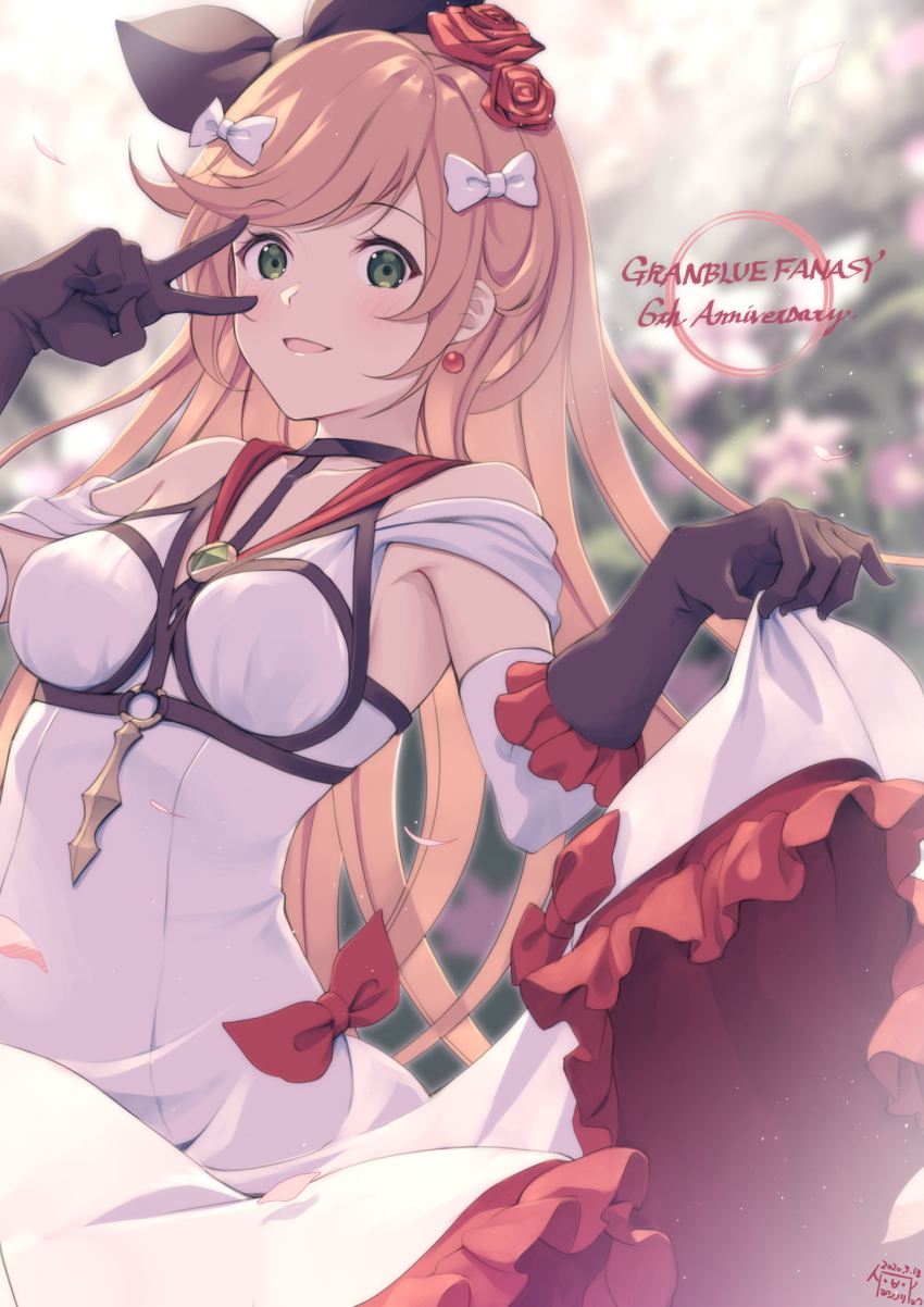 1girl :d anniversary arm_up bare_shoulders black_gloves black_ribbon blurry blurry_background bow breasts chest_harness clarisse_(granblue_fantasy) clarisse_(soleil_blanc)_(granblue_fantasy) clothes_pull collarbone copyright_name dated depth_of_field dress dress_pull earrings elbow_gloves flower frilled_dress frilled_gloves frills gloves granblue_fantasy green_eyes hair_bow hair_flower hair_ornament hair_ribbon harness highres jewelry long_hair medium_breasts open_mouth orange_hair red_flower red_rose ribbon rose signature skirt_hold smile solo swept_bangs v v_over_eye very_long_hair white_bow white_dress yoshino_ryou