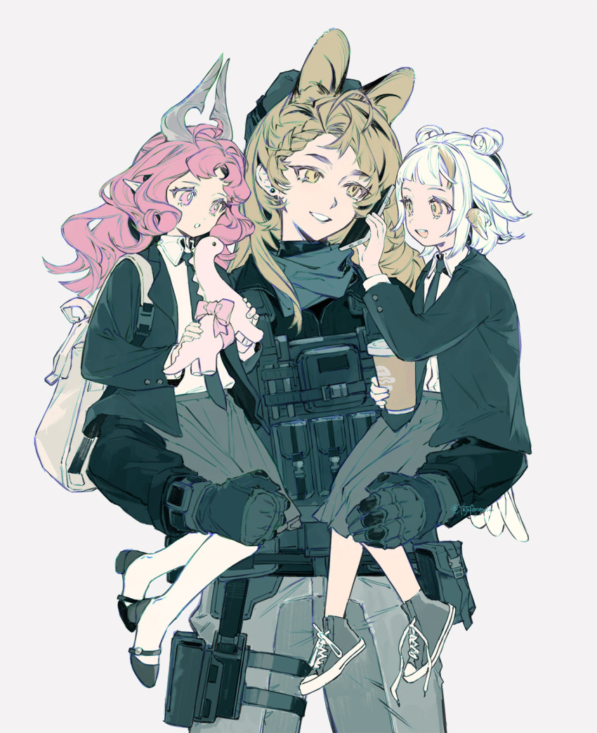 3girls aged_down animal_ears arknights blonde_hair carrying carrying_multiple_people carrying_person cowboy_shot gloves grain_buds_(arknights) highres holding holding_phone holding_toy horns military_uniform multiple_girls nymph_(arknights) phone pink_eyes pink_hair quercus_(arknights) toy toy_dinosaur white_hair yuji_(fantasia)