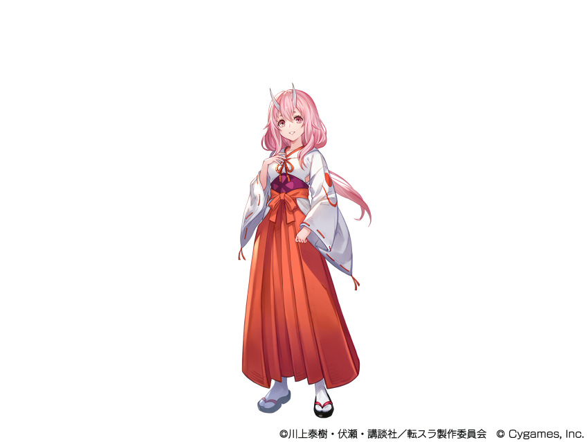 10s 1girl blush commentary_request full_body granblue_fantasy hands_in_opposite_sleeves head_tilt horns japanese_clothes kimono long_hair long_sleeves looking_at_viewer official_art pink_eyes pink_hair shuna_(tensura) simple_background solo tensei_shitara_slime_datta_ken upper_body white_kimono wide_sleeves