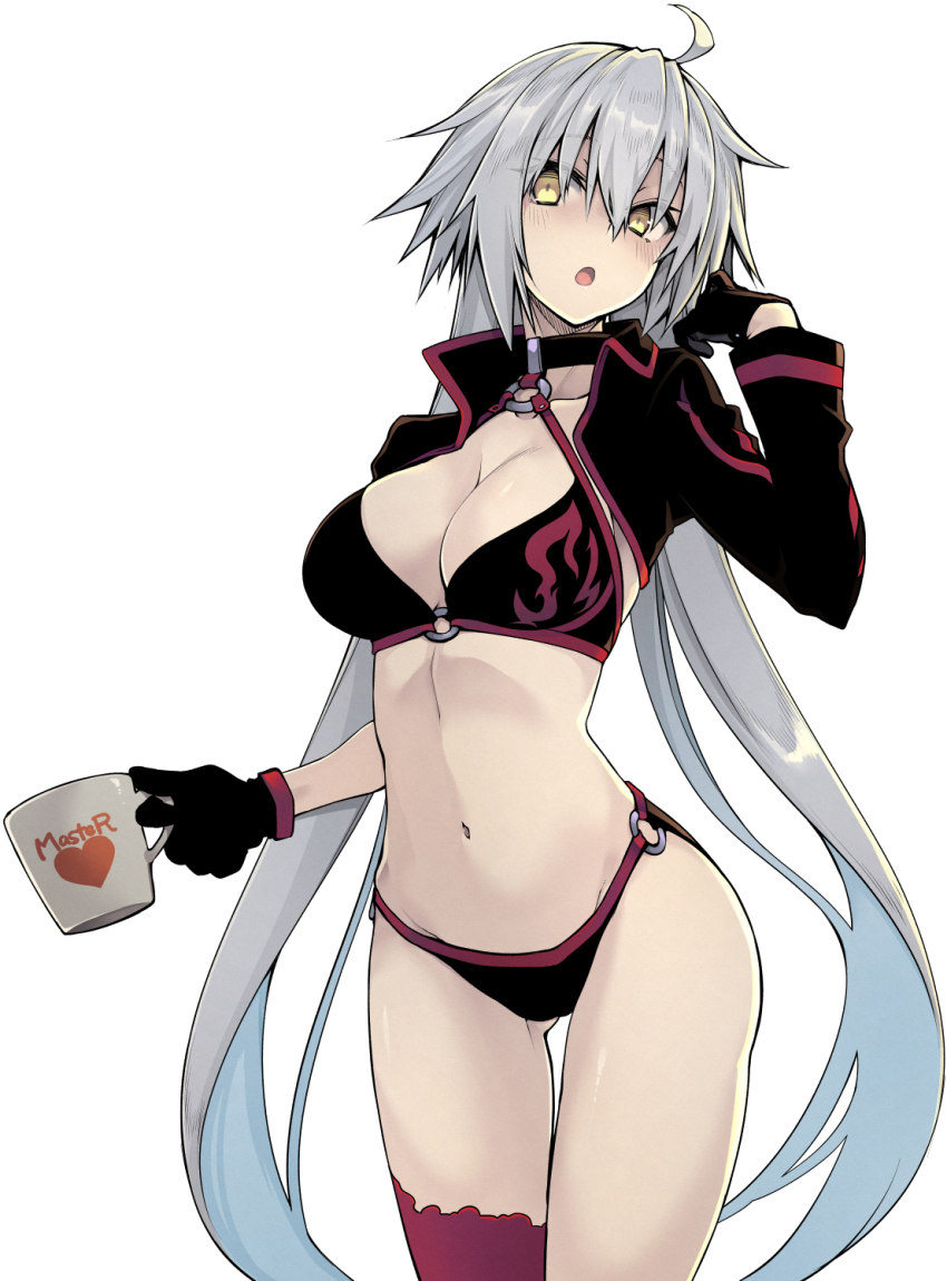 10mo 1girl bikini blush choker cup fate/grand_order fate_(series) gloves highres holding holding_cup jacket jeanne_d&#039;arc_alter_(swimsuit_berserker)_(fate) jeanne_d&#039;arc_(fate) jeanne_d&#039;arc_alter_(fate) jeanne_d&#039;arc_alter_(swimsuit_berserker)_(fate) long_hair navel o-ring o-ring_bikini open_mouth silver_hair simple_background single_thighhigh solo swimsuit thighhighs yellow_eyes