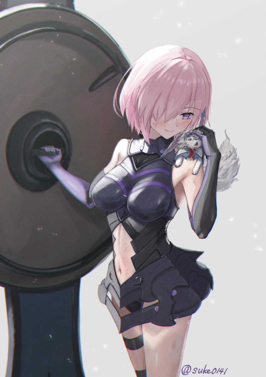 1girl armor armored_leotard bare_shoulders black_armor blush breastplate closed_mouth clothing_cutout commentary_request creature creature_on_shoulder fate/grand_order fate_(series) fou_(fate) grey_background hair_over_one_eye highres holding holding_shield leotard mash_kyrielight mash_kyrielight_(demi-servant) on_shoulder one_eye_covered purple_eyes shield short_hair simple_background smile stomach_cutout twitter_username yuusuke_booi