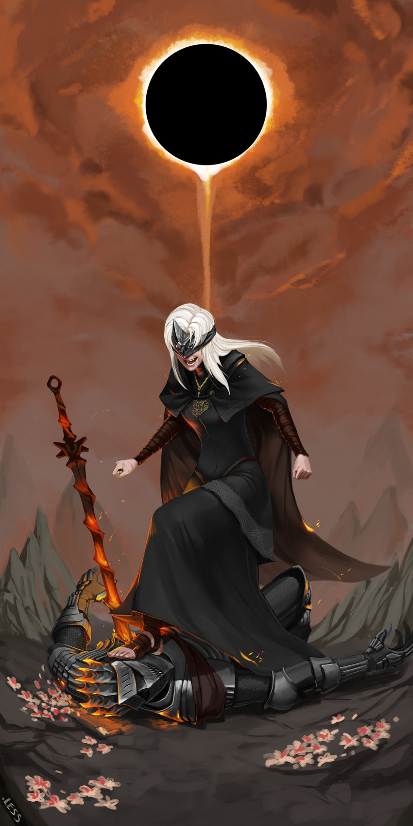 1girl angry arm_wrap armor artist_name black_skirt blonde_hair cape capelet clenched_hands cloud cloudy_sky cross cross_necklace dark_souls_(series) dark_souls_i dark_souls_iii eclipse embers fire_keeper foot_on_head full_armor gauntlets girl_on_top glowing glowing_sword glowing_weapon helm helmet highres impaled jewelry knight less long_skirt lying mask mountain necklace no_shoes on_back on_ground open_mouth orange_sky outdoors pauldrons shoulder_armor skirt sky soul_of_cinder standing stepped_on sword teeth toes weapon white_hair