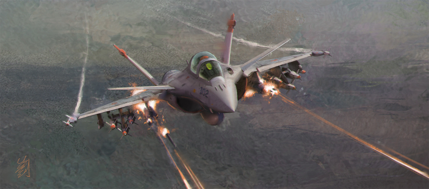 action aircraft airplane attack canopy_(aircraft) cockpit commentary contrail dassault_rafale english_commentary fighter_jet fire firing flying highres jet military military_vehicle missile original pvtskwerl realistic signature vehicle_focus