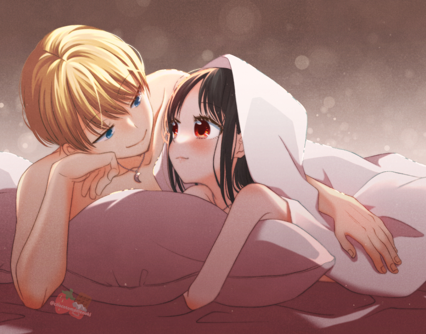 black_hair blanket blonde_hair blush chocotomamenoki closed_mouth couple crescent crescent_necklace eye_contact hetero hugging_object jewelry kaguya-sama_wa_kokurasetai_~tensai-tachi_no_renai_zunousen~ long_hair looking_at_another lying necklace on_stomach pillow pillow_hug shinomiya_kaguya shirogane_miyuki short_hair smile