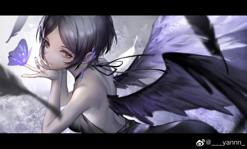 1girl backless_dress backless_outfit black_dress black_hair bug butterfly commentary dress earrings hayami_kanade highres idolmaster idolmaster_cinderella_girls insect jewelry letterboxed looking_at_viewer nail_polish purple_butterfly purple_nails short_hair sidelocks solo weibo_watermark wings yannn yellow_eyes