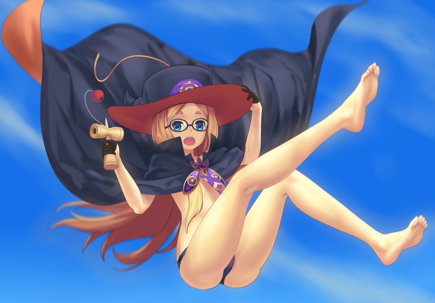 10s 1girl :o bad_id bad_pixiv_id bare_legs barefoot black_gloves black_panties blonde_hair blue_eyes cloak falling feet female_focus full_body glasses gloves half_gloves hand_on_headwear hat kendama long_hair natasha_(sekai_seifuku) no_mask open_mouth panties professor_um sekai_seifuku:_bouryaku_no_zvezda soles solo teeth toes tsukikanade underwear