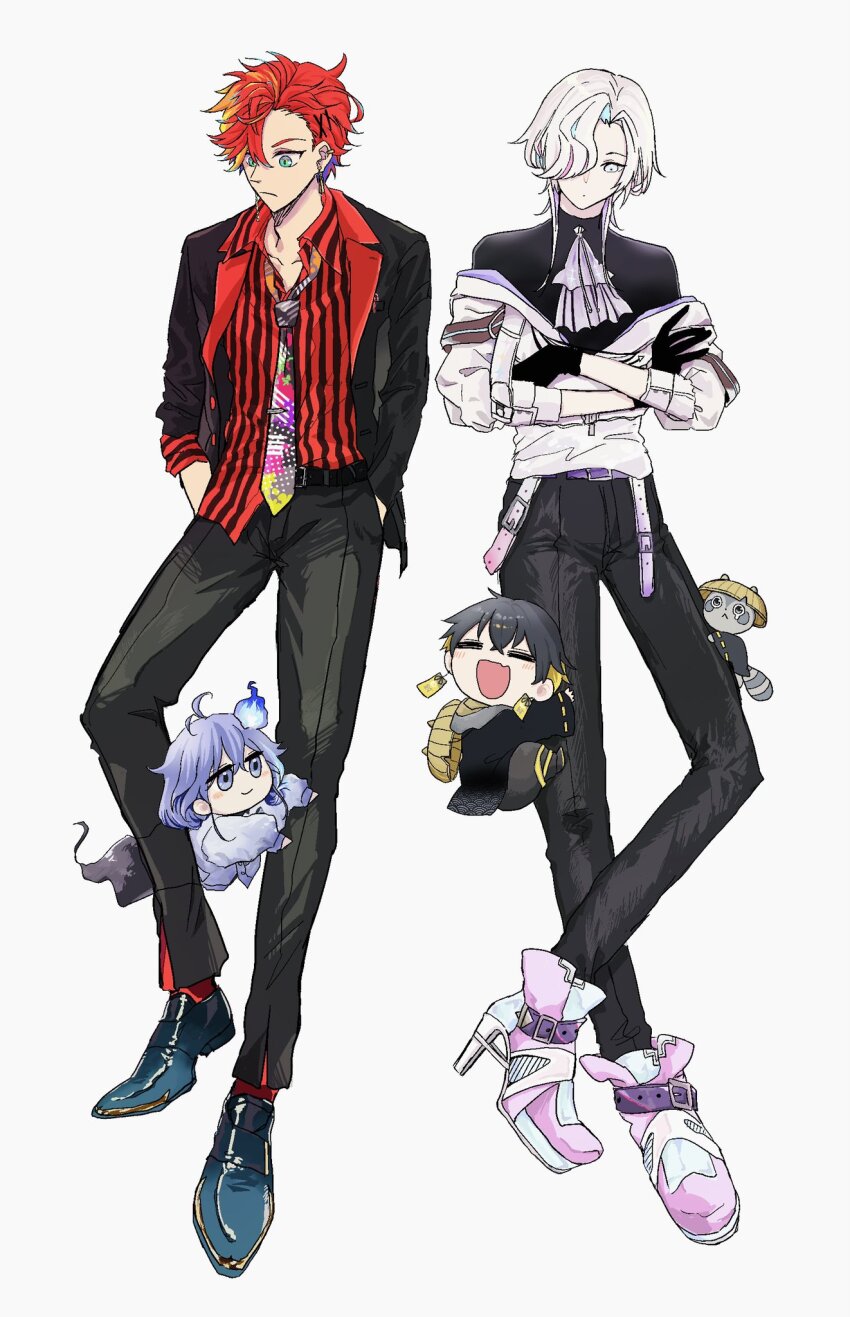 4boys :/ :d =_= ankle_boots antenna_hair aqua_eyes aqua_footwear aqua_hair ascot asymmetrical_bangs asymmetrical_sleeves belt belt_buckle black_belt black_gloves black_hair black_jacket black_necktie black_pants black_shirt black_suit blonde_hair boots buckle chibi closed_mouth collared_shirt colored_lapels crossed_ankles crossed_arms crossed_bangs dot_mouth dress_shoes earrings fang formal_clothes ghost gloves grey_hoodie hair_between_eyes hair_over_one_eye hands_in_pockets hat_on_back high_heel_boots high_heels highres hitodama hizaki_gamma hizaki_gamma_(1st_costume) holostars hood hoodie hugging_another&#039;s_leg jacket jewelry kaho_saka kotatsu_(yatogami_fuma) lapels leg_grab light_blush long_hair long_sleeves looking_at_another looking_down male_focus medium_hair minase_rio multicolored_hair multicolored_necktie multiple_boys necktie notched_lapels off_shoulder open_clothes open_collar open_jacket open_mouth orange_hair pants pink_footwear pink_hair purple_ascot purple_belt purple_eyes purple_hair raccoon red_hair sandogasa shirt shirt_partially_tucked_in short_hair side_part simple_background skin_fang sleeve_rolled_up smile streaked_hair striped_clothes striped_shirt suit suit_jacket turtleneck two-tone_hair uneven_sleeves uproar_(holostars) utsugi_uyu vertical-striped_clothes vertical-striped_shirt virtual_youtuber white_background white_eyes white_hair white_jacket yatogami_fuma