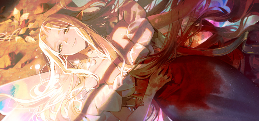 1girl aurora_(fate) avalon_le_fae_(fate/grand_order) bleeding blonde_hair blood blood_on_clothes blood_on_hands dress fairy_wings fate/grand_order fate_(series) game_cg hand_on_own_stomach injury jewelry large_variant_set long_hair looking_at_viewer lying necklace off_shoulder official_art on_back pointy_ears rainbow_wings smile solo taa_(acid) variant_set white_dress wings yellow_eyes