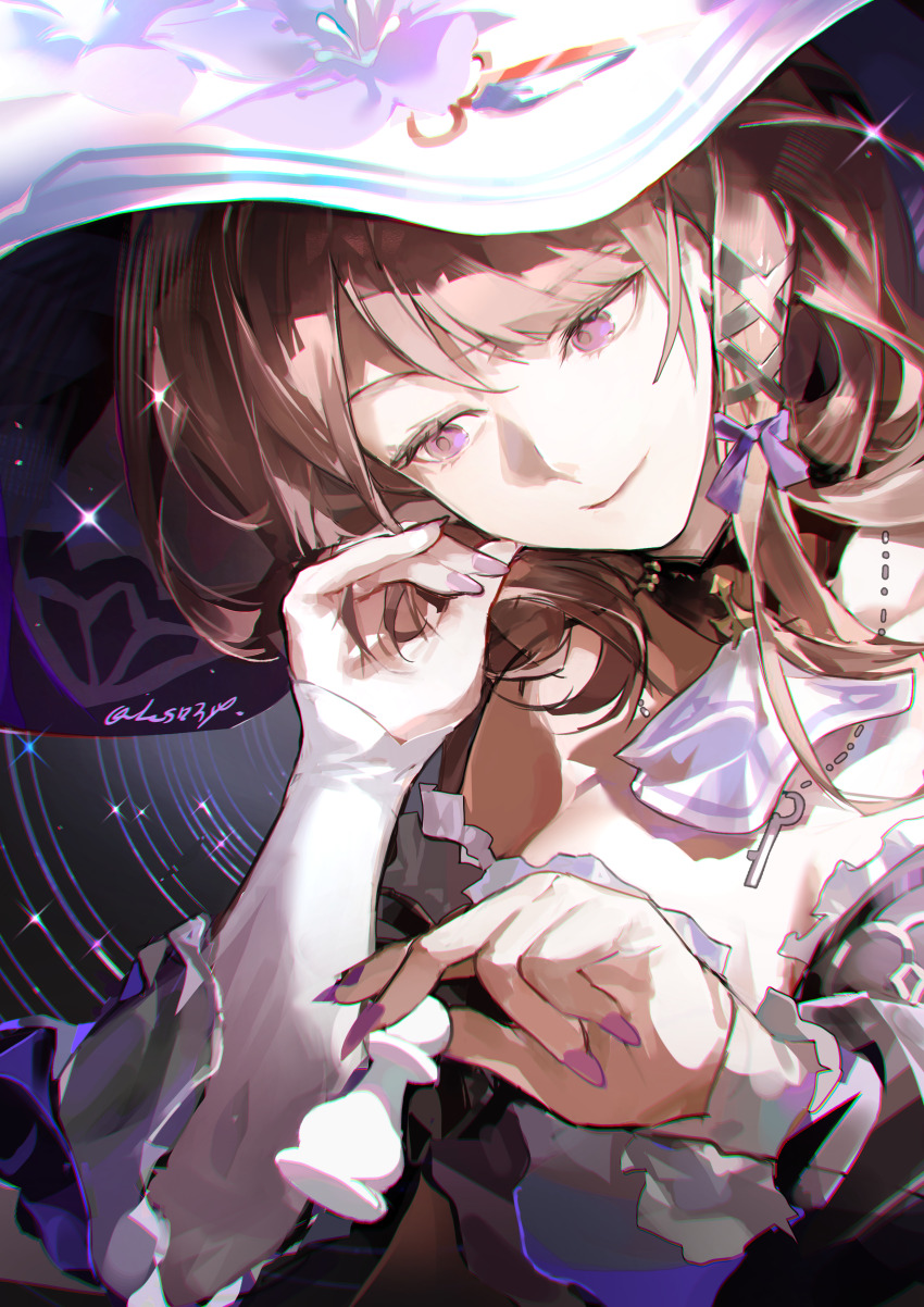 1girl absurdres black_collar chess_piece collar detached_collar flower frilled_sleeves frills grey_hair hair_ornament hair_ribbon hat hat_flower herta_(honkai:_star_rail) highres holding holding_chess_piece honkai:_star_rail honkai_(series) jewelry key key_necklace long_hair nail_polish necklace pawn_(chess) purple_eyes purple_nails purple_ribbon ribbon sleeves_past_wrists smile solo the_herta_(honkai:_star_rail) twice12314 white_sleeves witch_hat x_hair_ornament