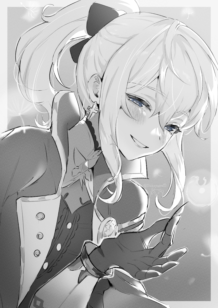 1girl blue_eyes bow cross cross_earrings dandelion earrings flower genshin_impact hair_bow high_collar highres holding holding_flower jean_(genshin_impact) jean_(gunnhildr&#039;s_legacy)_(genshin_impact) jewelry looking_at_viewer monochrome parted_lips ponytail signature smile solo sukoyaka93 upper_body