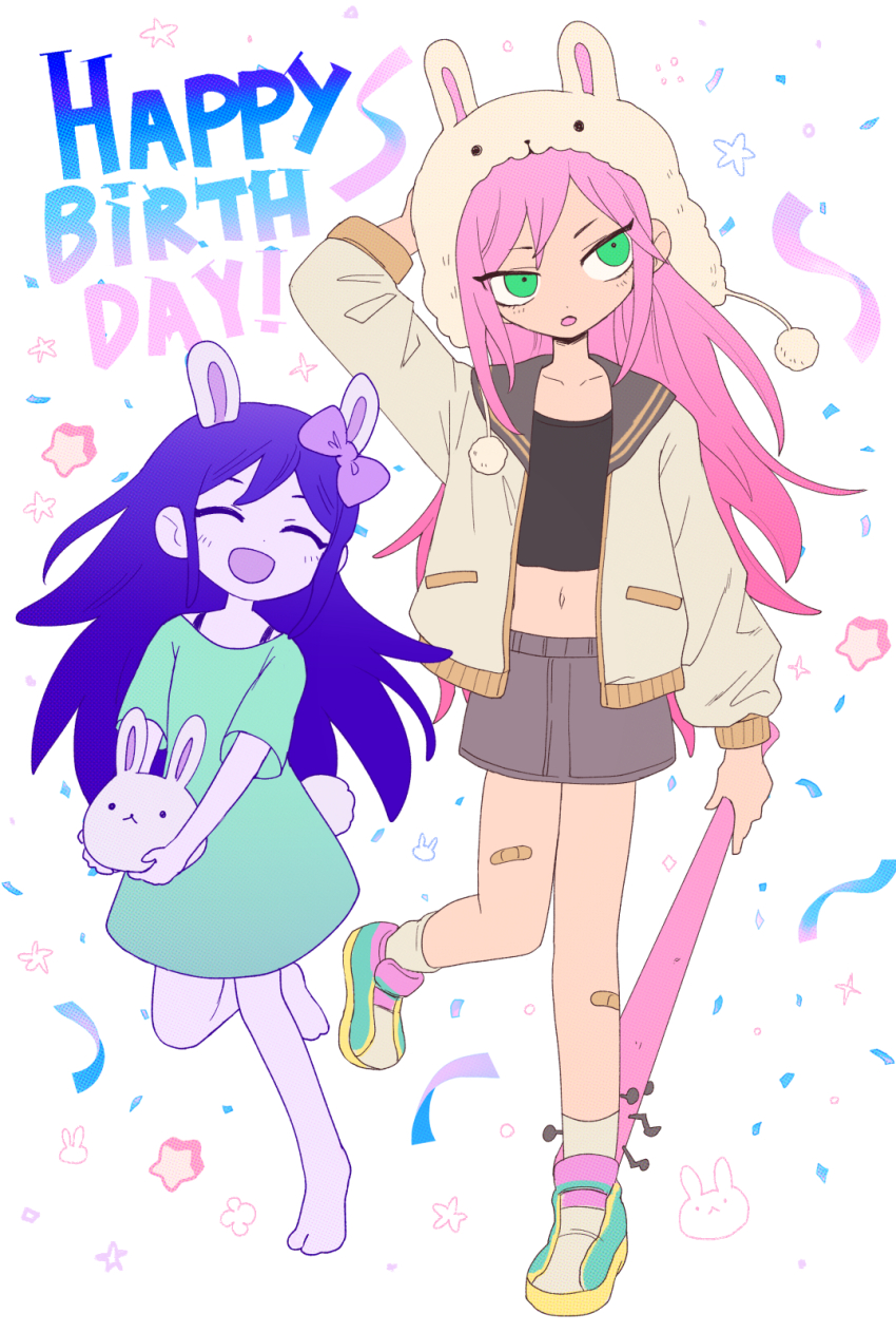 2girls aubrey_(faraway)_(omori) aubrey_(headspace)_(omori) aubrey_(omori) barefoot baseball_bat blue_shirt blush bow closed_eyes collarbone colored_skin confetti crop_top forest_bunny_(omori) g_tsurius hair_bow happy_birthday highres jacket long_hair long_sleeves multiple_girls nail nail_(hardware) nail_bat navel omori open_mouth pink_hair purple_bow purple_hair shirt shoes short_sleeves smile sneakers white_jacket white_skin